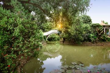 Sticker - Chinese arch bridge with pond and trees on the park