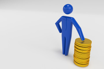 A successful businessman with big profits is standing next to a pile of gold coins. Successful investment in a company. 3d rendering