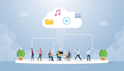 Fototapete - cloud computing technology with various people save data in cloud server with modern flat style - vector