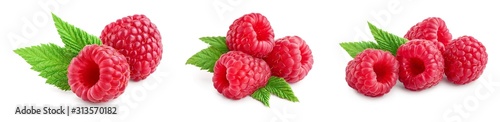 Fotografía Ripe raspberries with leaf isolated on a white background, Set or collection