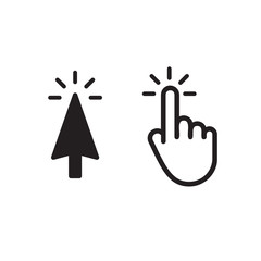 Poster - Click button, isolated black arrow, isolated white hand. Interface graphic, web vector icons template.