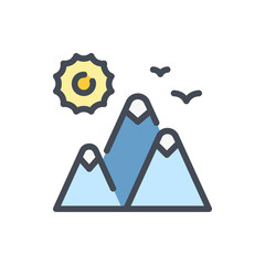 Poster - mountains with sun color line icon. hiking adventure vector outline colorful sign.