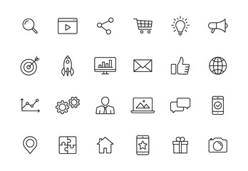 Wall Mural - set of 24 social networks web icons in line style. marketing, feedback, management, target, like, co