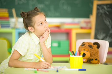 Poster - cute girl with teddy bear and drawing