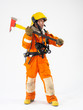 © anusak - protrait fireman firefighters wearing orange protective clothing and a yellow helmet holding an axe carrying oxygen tanks with white background isolated.