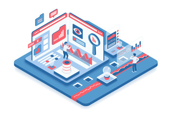 Aufkleber - Data analysis isometric vector illustration. Information processing. Online digital platform. Virtual technology for data evaluation. Infographic review. Company cartoon conceptual design element