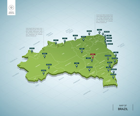 Wall Mural - stylized map of brazil. isometric 3d green map with cities, borders, capital, regions. vector illust