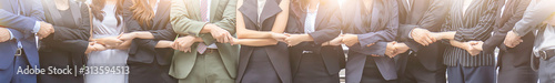 Fotografía Creative team meeting hands together in line, asian people teamwork acquisition, brainstorm business people concept