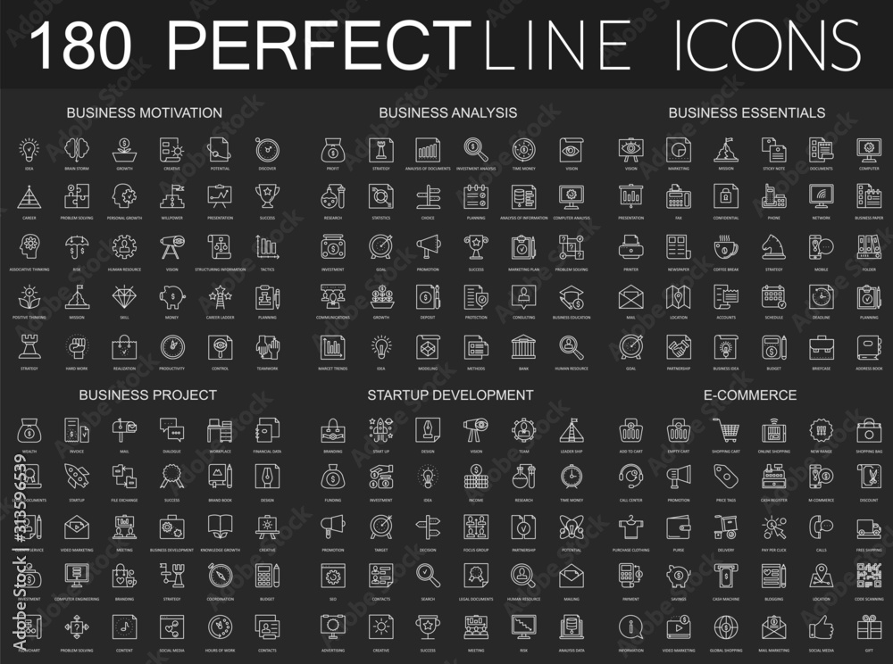 180 modern thin line icons on dark black background set. Business ...