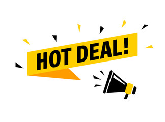 Wall Mural - male hand holding megaphone with hot deal speech bubble. loudspeaker. banner for business, marketing