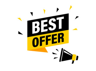 Wall Mural - male hand holding megaphone with best offer speech bubble. loudspeaker. banner for business, marketi