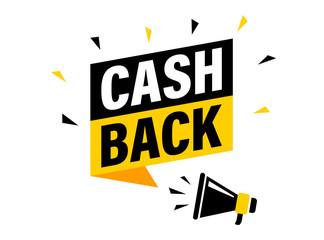Wall Mural - male hand holding megaphone with cashback speech bubble. loudspeaker. banner for business, marketing