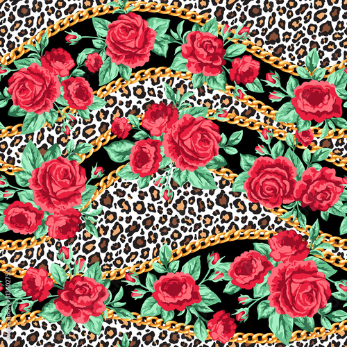 Fotografía Fashion trendy seamless pattern with rose flowers, gold chains and leopard skin