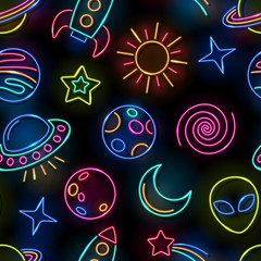 Wall Mural - seamless space neon lamps pattern. glowing rocket, planets, alien, sun, moon, comet and stars on bla