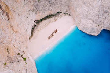 Wall Mural - Navagio Bay Shipwreck Beach without people, top down view, Greece, Zakynthos