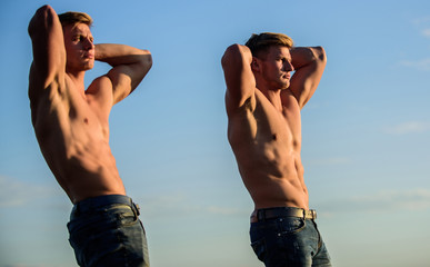 aim and success. twins muscular men. athletic man sexy body. Success is getting what you want. Promotion of health. In love with sport. sunrise morning workout outdoor. twins training together