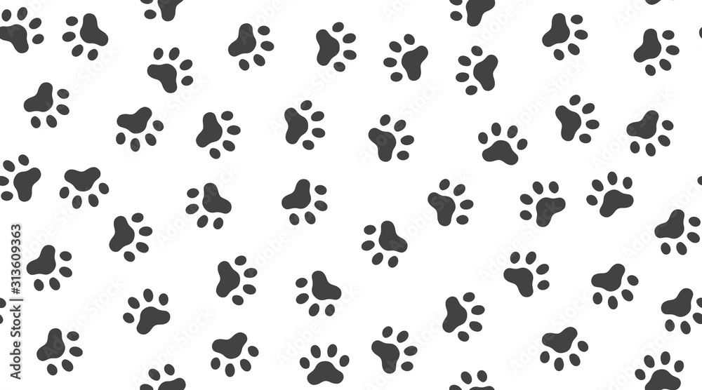Pet paw vector seamless pattern with flat icons. Black white color animal tracks texture. Dog, cat footprint background, abstract foot print silhouette wallpaper for veterinary clinic - obrazy, fototapety, plakaty 