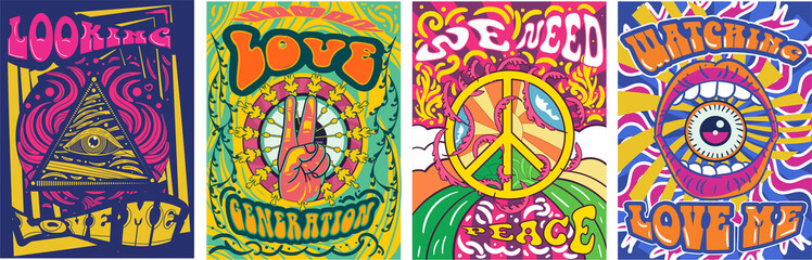 Wall Mural - vibrant colorful we need peace design in retro hippie style with peace symbol and text over abstract
