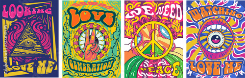 Fotografía Vibrant colorful We Need Peace design in retro hippie style with peace symbol an