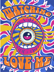 Wall Mural - psychedelic brightly colored watching love me design with central eye inside an open mouth, orange t