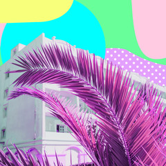 Wall Mural - Palm leaves and hotel on psychedelic colorful sky background in geometry style. Tropical travel concept. Surreal art collage