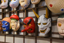 Japanese Kabuki Wooden Masks. Kabuki Is A Classical Japanese Dance-drama.