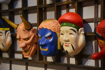 Wall Mural - Japanese Kabuki Wooden Masks. Kabuki is a classical Japanese dance-drama.