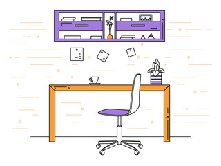 Fototapete - Office in a linear style. Workplace with a computer.