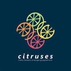 Wall Mural - Logo design idea for citruses market or fruit industry. Lemon, oranges, lime, grapefruit colorful symbol template. Vector icon illustration for vegan ripe food. 