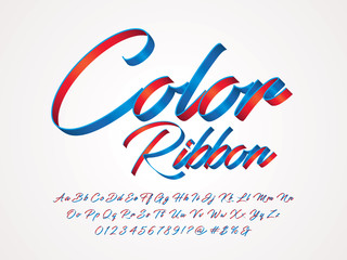 Poster - blue and red ribbon alphabet design with uppercase, lowercase, numbers and symbol