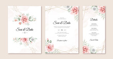 Elegant Wedding Invitation Card Set Template With Beautiful Flowers And Leave Watercolor