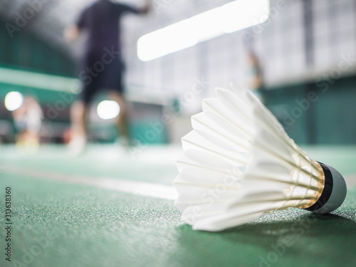 Plakaty Badminton  lotka-lezy-na-zielonym-boisku-do-badmintona-wystepuje-rozmycie-ruchu-najwazniejszym-wydarzeniem