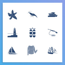 Ocean Icon Set And Shrimp With Harpoon Gun, Yacht And Light House. Sailboat Related Ocean Icon Vector For Web UI Logo Design.