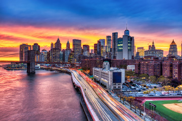 Wall Mural - View of Lower Manhattan with Brooklyn Bridge at Sunset, New York City