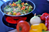 Vegetables in a pan.	