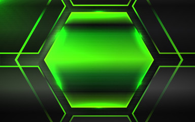 Poster - Abstract green hexagon shapes with metallic texture on dark background. Futuristic design concept with technology innovation concept for use element wallpaper, cover, banner, poster, web, presentation
