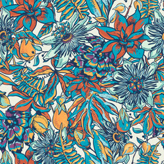 Wall Mural - Vintage blue tropical floral natural seamless pattern. Passiflora texture