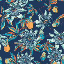 Vintage Blue Floral Natural Seamless Pattern. Passiflora Texture
