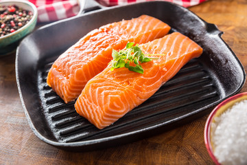 Wall Mural - Fresh raw salmon fillets served in cast iron grill pan