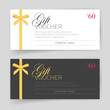 Gift card or voucher vector template design with golden thin gift bow white and black color, modern elegant gift certificate or coupon offer image