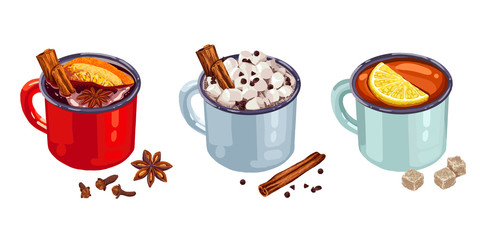 hand drawn hot drinks. red cup of mulled wine, cup of cocoa drink with marshmallows, cup of tea with