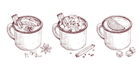 hand drawn hot drinks. cup of mulled wine, cup of cocoa drink with marshmallows, cup of tea with lem