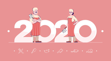 Professions 2020 flat banner vector template. Butchers isolated cartoon characters on coral. Meatman with meat knife. People in workwear. Banner, brochure page, leaflet design layout, place for text