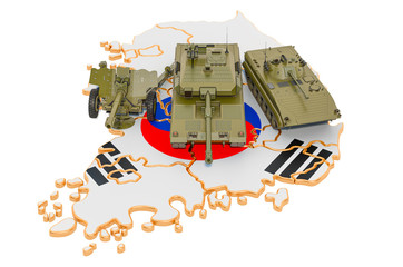 Wall Mural - Combat vehicles on South Korean map. Military defence of South Korea concept, 3D rendering