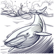 Blue whale being hunted by old time whalers book style line illustration