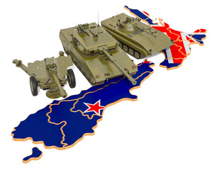 Wall Mural - Combat vehicles on New Zealand map. Military defence of New Zealand concept, 3D rendering