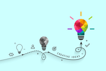 Poster - creative ideas and development concept with colorful low poly light bulb