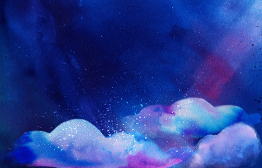 fantasy watercolor space texture with clouds. cosmic background with paint strokes and swashes