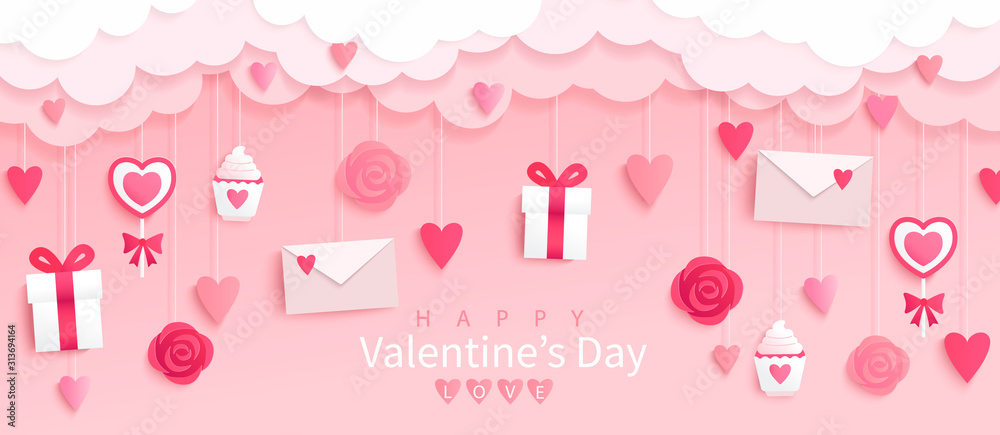 Valentines day banner with gifts,hearts,letters,flowers in pink background with wishing happy holiday, origami style.Template for flyer, invitation and greeting card for holiday.Vector illustration. - obrazy, fototapety, plakaty 