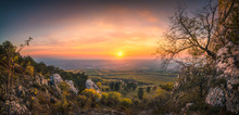 Colorful Autumn Sunset over Vineyards as Seen from Rocky Hill in Palava Protected Area near Mikulov in South Moravia, Czech Republic